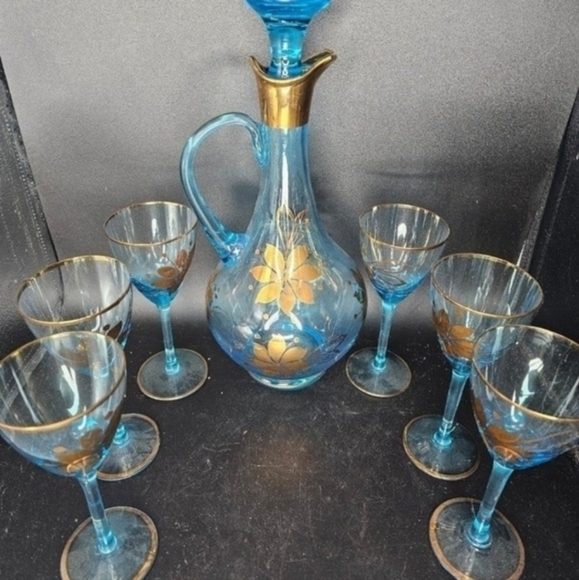 Vintage Romanian Cristo handblown aqua blue Glass, handpainted with 24‎ k gold. - Picture 8 of 10